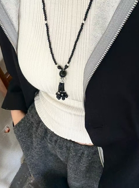 复古黑色串珠单莲流苏项链串珠新款抽拉锁骨链高级小众毛衣链女