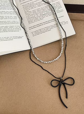 甜酷个性蝴蝶结花朵黑色水晶串珠项链女气质时尚潮流颈链锁骨链