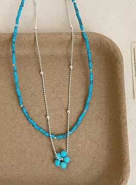 轻奢优雅蓝色叠戴串珠花朵项链小清新时尚潮流气质高级颈链锁骨链