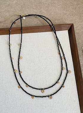 金色圆片流苏黑水晶串珠项链女一款两戴个性独特时尚颈链毛衣链
