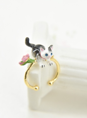 手工珐琅可爱猫咪黑色小猫戒指