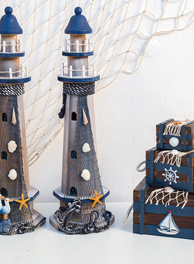 地中海风格灯塔木质做旧木塔海洋风灯塔摆件桌面复古装饰摆设