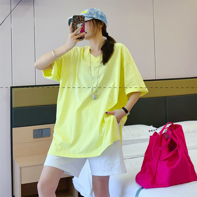 Mid-length butt-covering, slimming, flesh-covering half-sleeved T-shirt for women