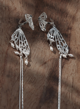 URTY 重影银蝶 s930纯银原创设计流苏肌理无耳洞耳夹耳饰