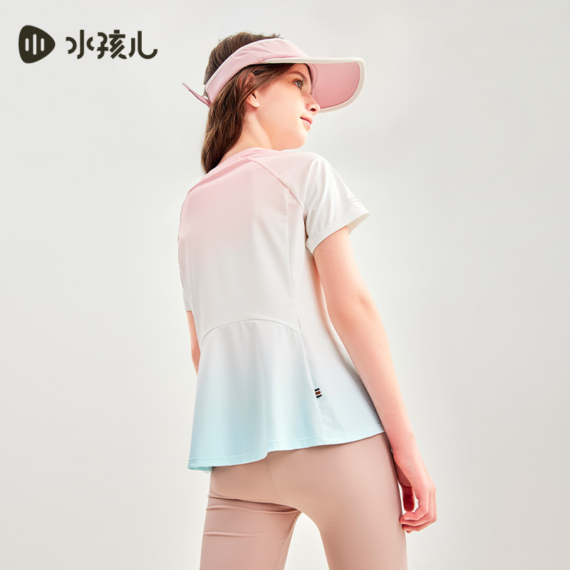 水孩儿女童T恤短袖夏装新品中大童渐变色上衣防晒凉感圆领衫 - 图1