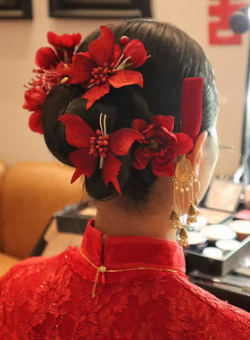 新中式新娘黑色花朵发夹婚礼敬酒