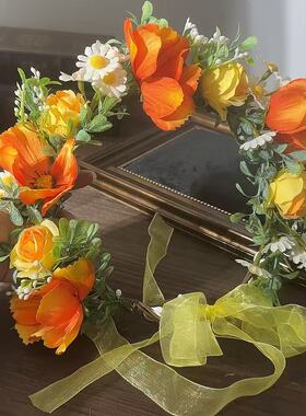 橙色仿真花环新娘花童发箍