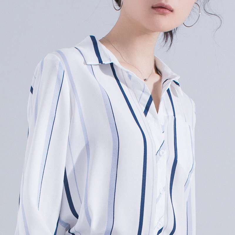职场撞色蓝白长袖竖条纹雪纺女衬衫 iumi衬衫