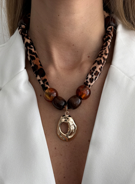 桃心木珠豹纹布质项链女 欧美性感时尚网红百搭搭配服装锁骨链潮