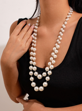 2件套渐变大小仿珍珠项链套装 新潮时尚嘻哈个性网红搭配服装饰品