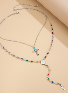 2件套十字架镶钻水晶项链套装 轻奢时尚个性网红性感礼服配饰品