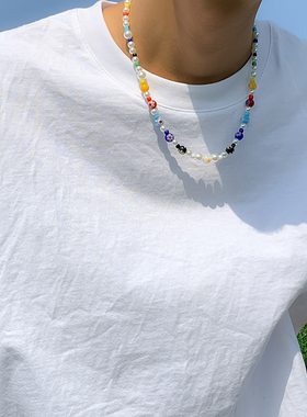 时尚琉璃小花拼接彩色串珠项链