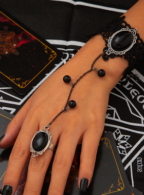 黑色蕾丝宝石连指手链女 欧美复古时尚网红气质写真拍照配饰品潮