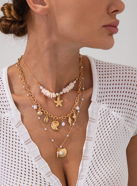 3件套海螺海星扇贝项链套装 冬季时尚百搭海边旅行度假搭配饰品潮