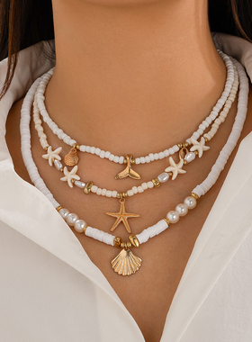 3件套海星贝壳软陶米珠项链套装 欧美新潮个性网红海边旅行配饰品
