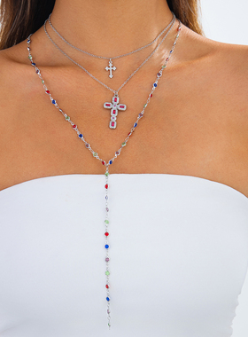 3件套十字架水晶项链套装 欧美夏季性感时尚叠戴锁骨链潮人饰品