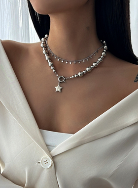 2件套CCB珠五角星吊坠项链套装欧美秋冬潮时尚百搭旅行拍照锁骨链