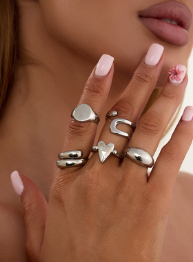 5件套弧形桃心戒指套装 2026夏季潮流个性小众设计网红旅拍饰品