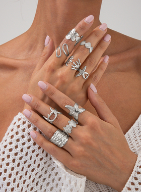 9件套海星花朵开口戒指套装 欧美潮个性时尚网红海边度假搭配饰品