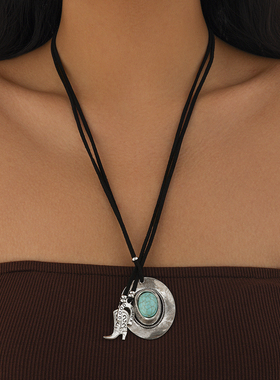 仿松石牛仔帽靴子绒绳项链女 欧美复古个性网红旅行度假搭配饰品