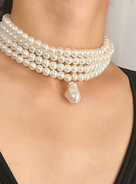 珍珠吊坠多层项链港风气质锁骨链