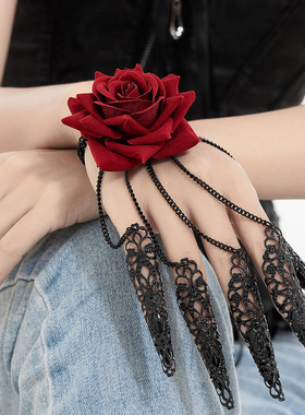 红色玫瑰花朵连指手链女 欧美万圣节暗黑系网红节日派对搭配饰品