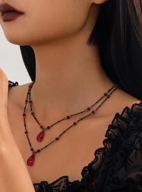 2件套红色仿水晶双层项链套装 欧美复古潮流网红气质搭配服装饰品