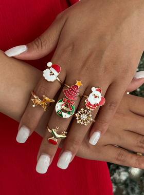 7件套圣诞元素戒指套装 欧美2025冬季新潮时尚网红ins风指环组合