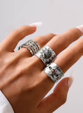 3件套松石镶钻镂空花型戒指套装 欧美潮嘻哈时尚小众设计叠戴指环