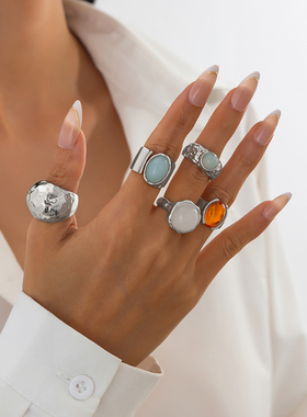 多件套金属镶嵌玉石戒指套装 欧美轻奢时尚写真拍照配饰品潮人潮