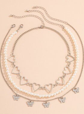 条可拆开爱心蝴蝶吊坠仿珍珠项链