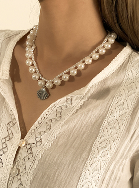 金属吊坠仿珍珠时尚风法式锁骨链