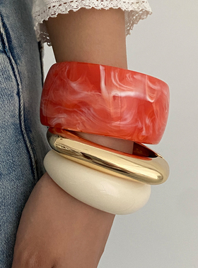 橘红色宽面圆形树脂手镯女 欧美新潮时尚小众设计嘻哈风饰品酷