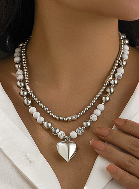 2件套桃心CCB仿松石珠子项链套装欧美新潮时尚网红气质叠戴锁骨链