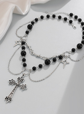 花型十字架黑色珠子拼接项链女欧美复古潮流时尚网红搭配服装饰品