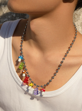 蘑菇亚克力透明小熊珠子链项链男女 欧美ins嘻哈街头hiphop饰品