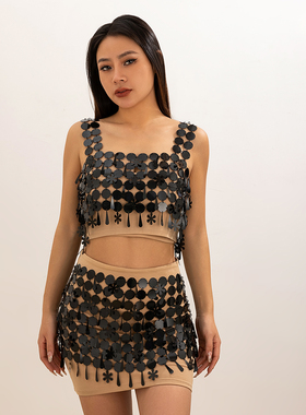 镂空亮片拼接吊带半身裙 2025夏季新潮性感时尚模特T台走秀配饰品