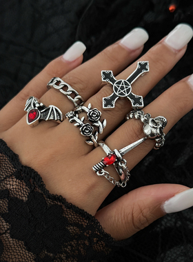 复古桃心十字架玫瑰花戒指套装 欧美2025秋冬万圣节嘻哈潮流饰品