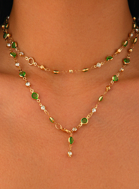 果绿色亚克力水晶水钻链项链女 夏季时尚简约百搭网红气质颈链潮