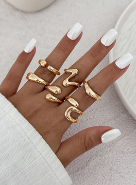 6件套金属不规则戒指套装 欧美夏季个性时尚网红户外写真拍照饰品