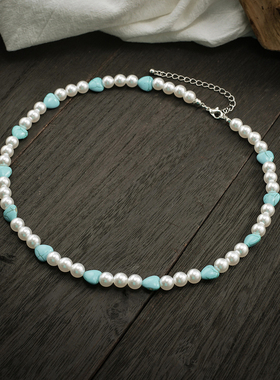 男款桃心仿松石珍珠项链潮人款