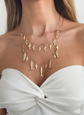 2件套小鱼吊坠骨头链项链套装 2026夏季新款时尚小众嘻哈潮流饰品