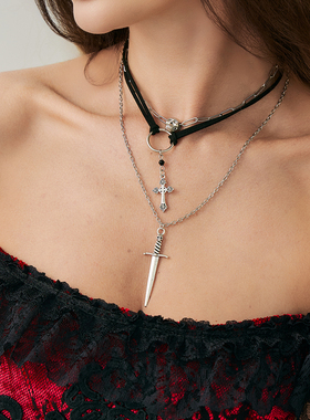 3件套骷髅头长剑十字链项链套装 欧美复古万圣节节日搭配服装饰品