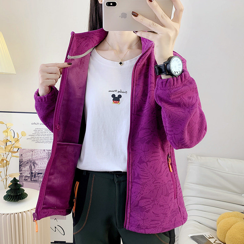 立领摇粒绒外套秋冬季女开衫卫衣枫叶提花户外运动弹力保暖抓绒衣,淘宝优惠券,粉丝福利购,淘宝优惠卷