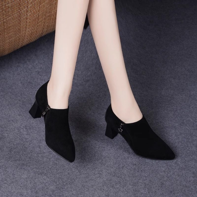 深口粗跟侧拉链单鞋女2025年秋冬新款尖头绒面皮鞋磨砂软皮高跟鞋,淘宝优惠券,粉丝福利购,淘宝优惠卷