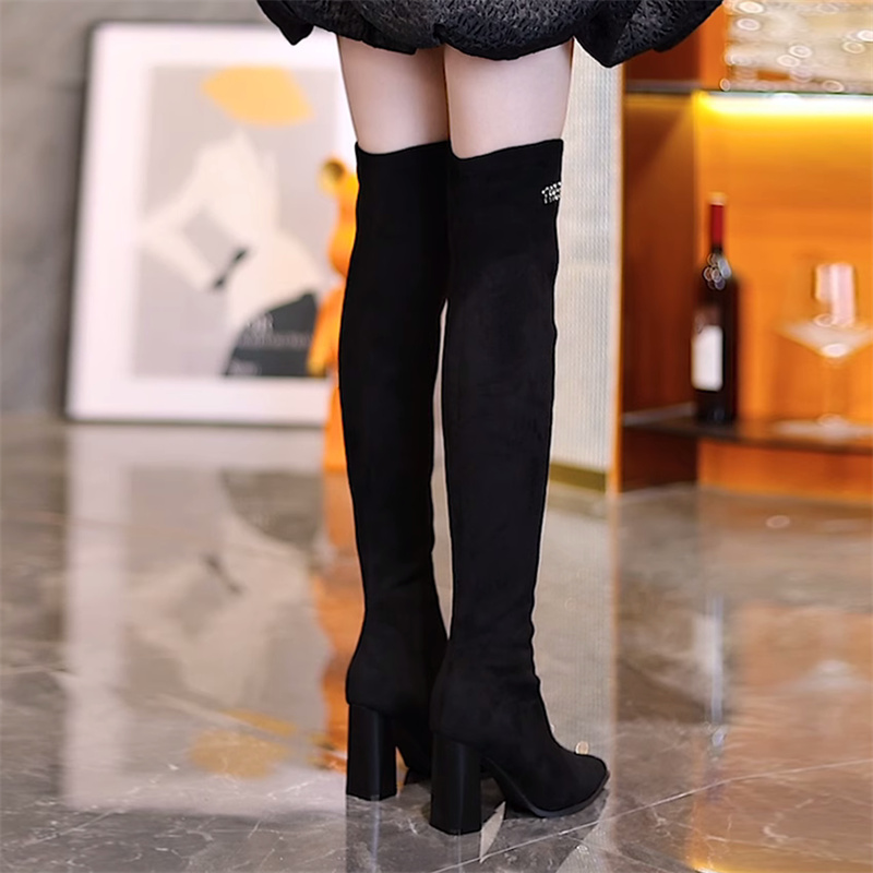 黑色过膝靴女2025秋冬新款尖头高跟长靴粗跟弹力靴百搭瘦瘦高筒靴 - 图1