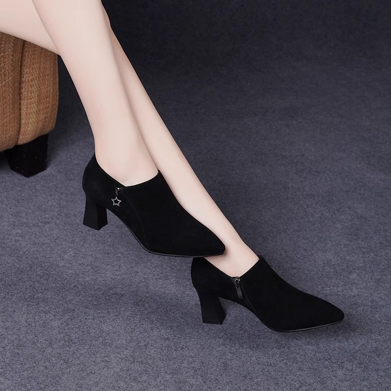 深口粗跟侧拉链单鞋女2025年秋冬新款尖头绒面皮鞋磨砂软皮高跟鞋,淘宝优惠券,粉丝福利购,淘宝优惠卷