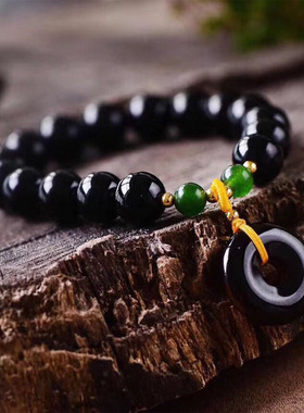 手工天然平安扣单圈黑玛瑙