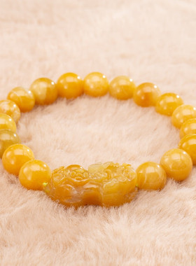 天然黄玉貔貅手链 黄玉手链 缅甸黄玉手串 黄玉皮丘手链老黄玉