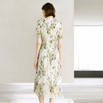 Yanyu printed temperament dress plus size women's 2024 new summer dress waist mid-length short-sleeved skirt V-neck